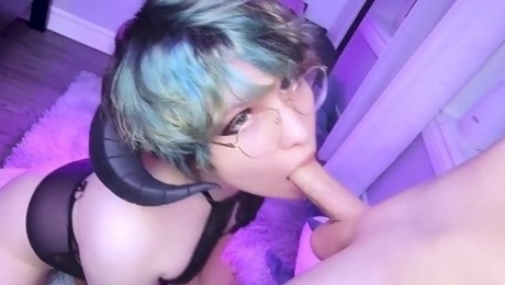 Cosplay femboy is fed with cock by twink owner
