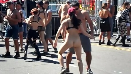 Nude slave in public fair