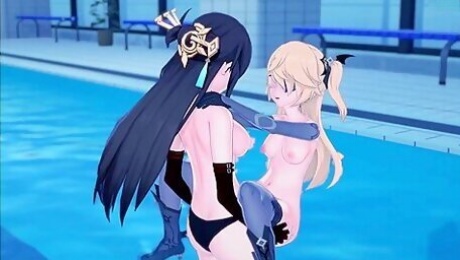 Lesbian Beidou Fucked With A Strap-on Blonde Fischl, Hot Hentai Sex In The Pool