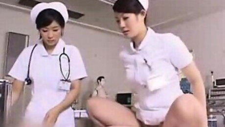 Horny Oriental nurse works her hairy pussy on every inch of