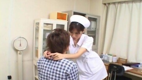 Lovely nurse Riko Tachibana gets talked into sucking on a cock
