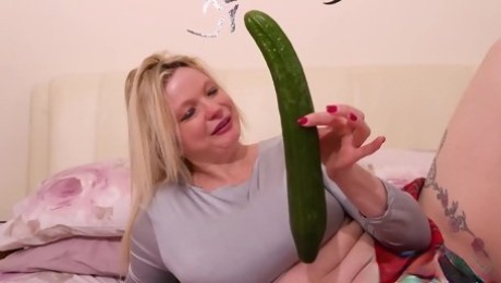 Crazy hot blonde mature enjoying solo masturbation with cucumber