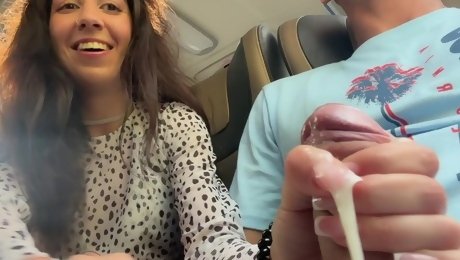 Risky public bus handjob with cum on russian babe's hand