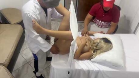 Pervert Poses as a Gynecologist Doctor to Fuck the Beautiful Wife Next to Her Dumb Husband in an Erotic Medical Consultation