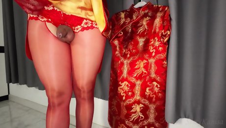 Sisk Crossdresser Masturbation in Red Chinese Dress