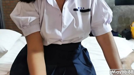 POV Fuck Thai student dress fuck with teacher cum on her skirt