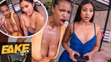 Fake Hostel - Video game playing Asian Thai girl and Ebony Latina college teens in horny threesome