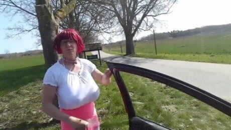 red head bimbo tits sissy exposed and humiliated as cheap slut on public parking area 8