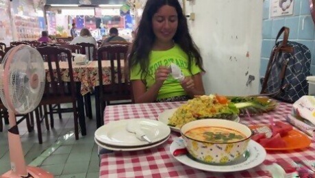 Lustful Kathy eats lunch in an Asian cafe without panties and flashing pussy