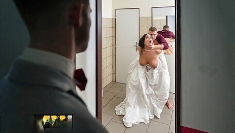 VIP4K. Being locked in the bathroom, sexy bride doesnt lose time and seduces random guy