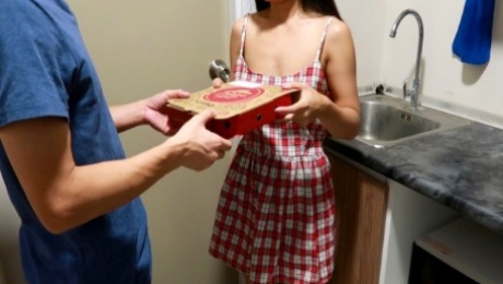 Cute Asian Girl Sucks Pizza Delivery Mans Cock In Kitchen