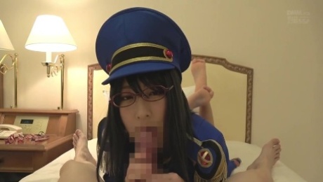 Brunette Asian cosplayer wearing glasses gave blowjob in POV
