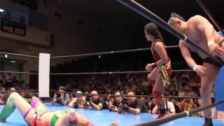 Asian female wrestler gets fucked hard on the stage